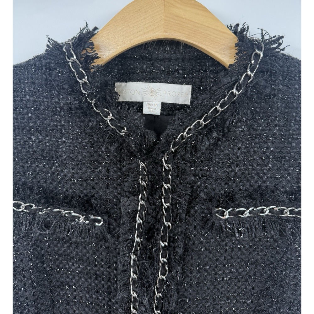 Boston Proper Parisian Shimmer Tweed Jacket SZ 10 Blazer Black Silver Chain Wool - Picture 5 of 10